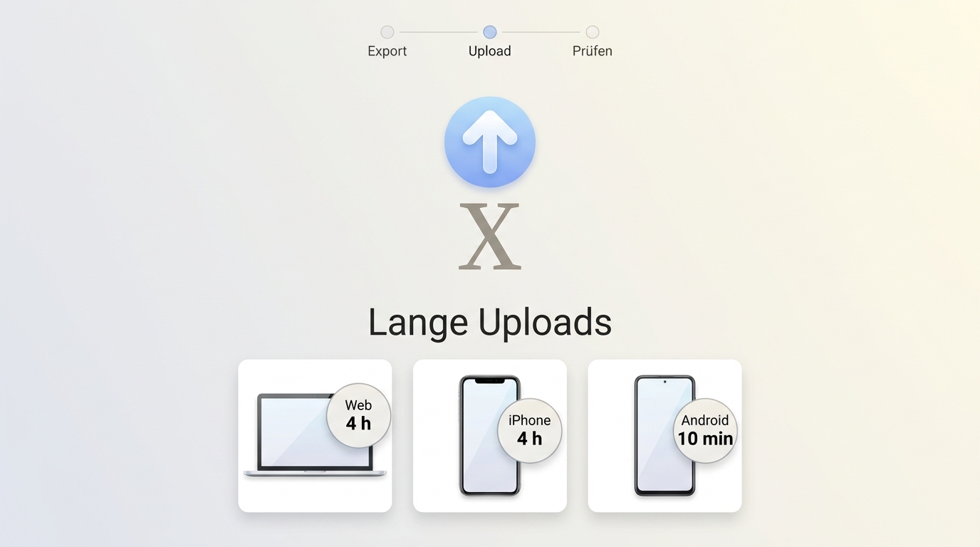 Ablauf für lange X-Uploads mit Web und iOS für 4 Stunden, Android nur bis 10 Minuten.
