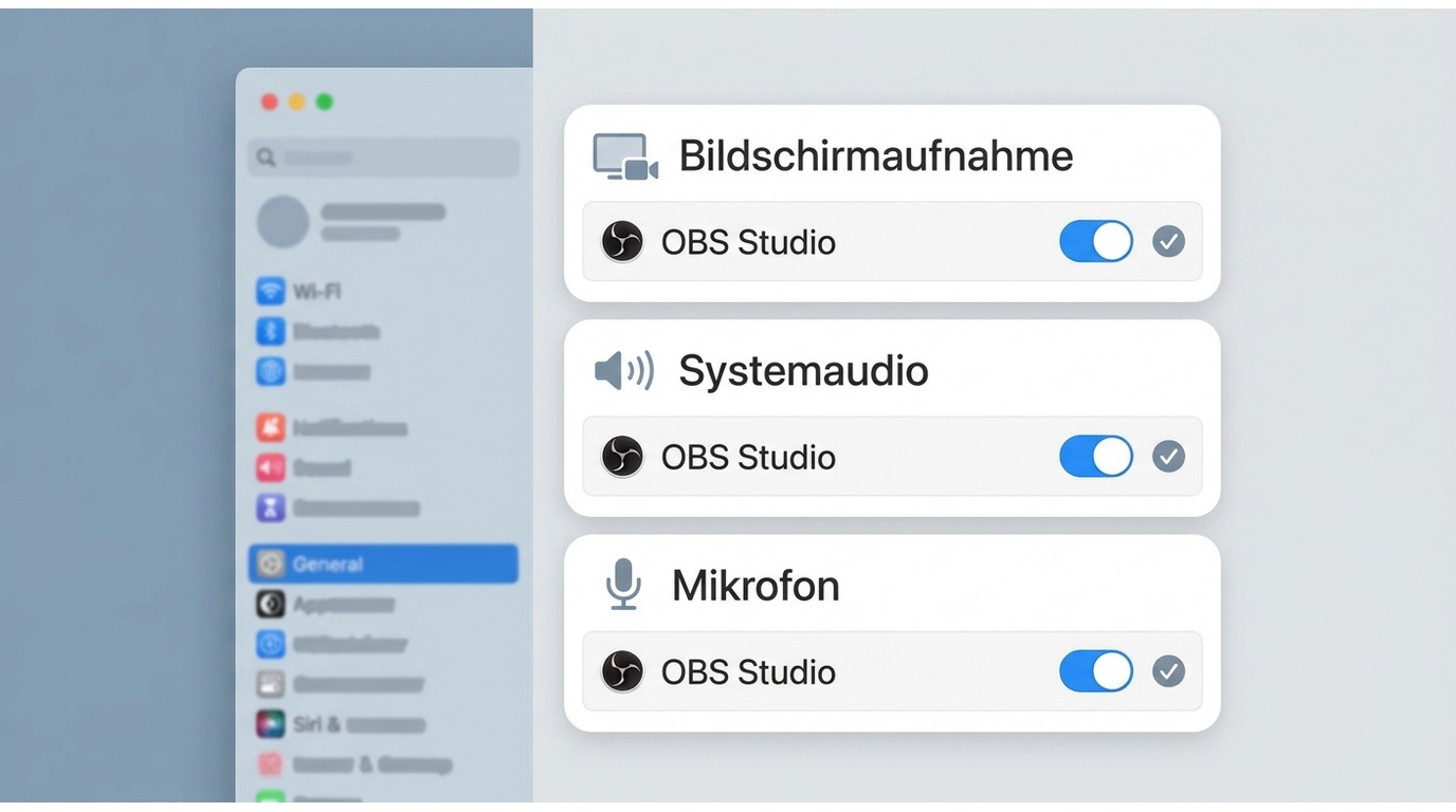 macOS-Freigaben für Bildschirmaufnahme, Systemaudioaufnahme und Mikrofon für OBS Studio.