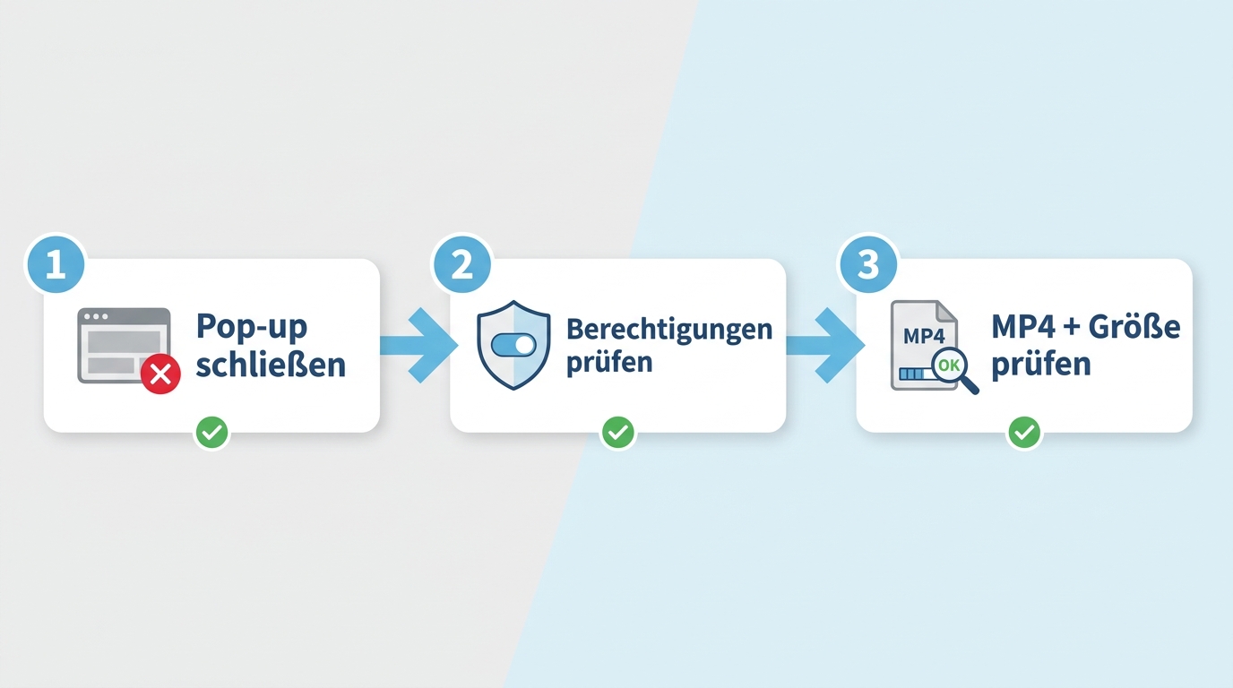 Sicherheitsablauf für Eporner-Downloads mit Pop-ups, Berechtigungen und Dateiprüfung.