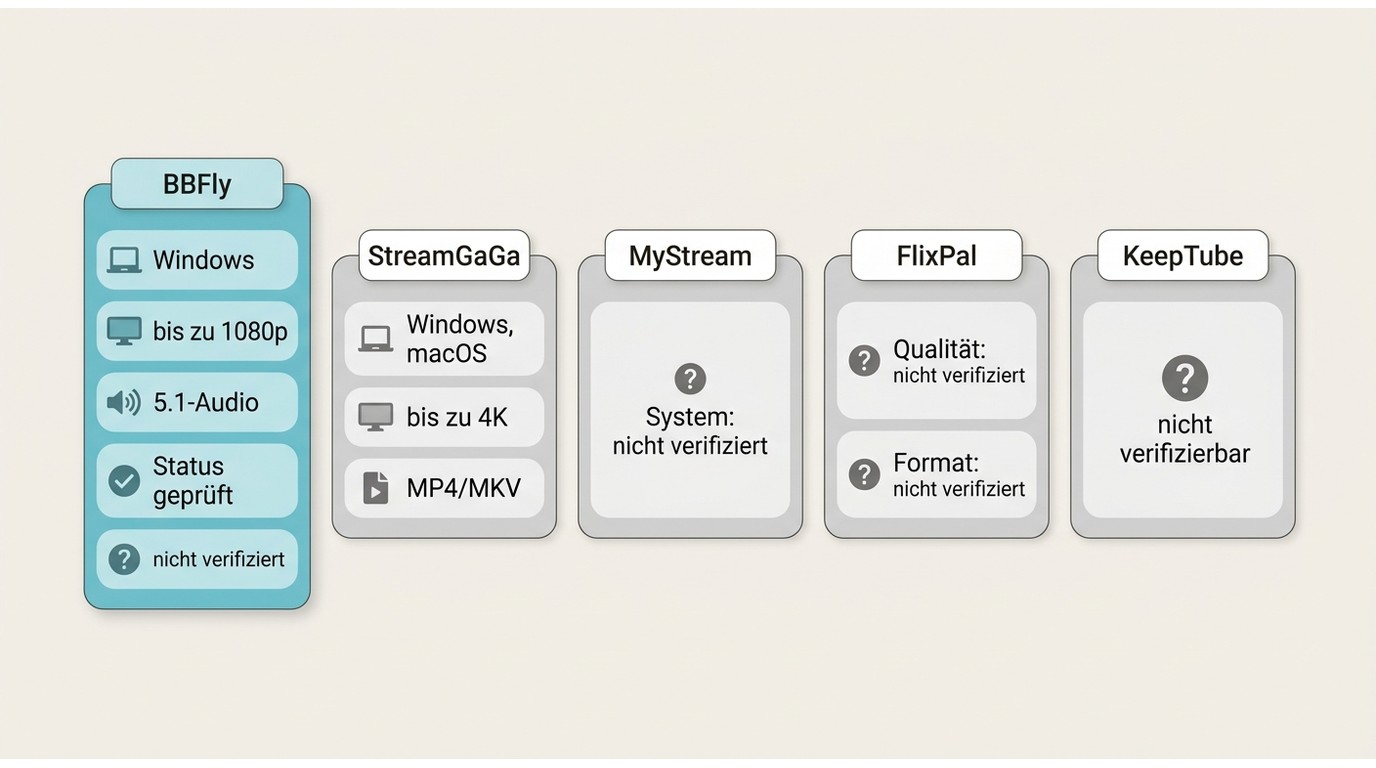 Vergleich von BBFly, StreamGaGa, MyStream, FlixPal und KeepTube nach System, Qualität und Status