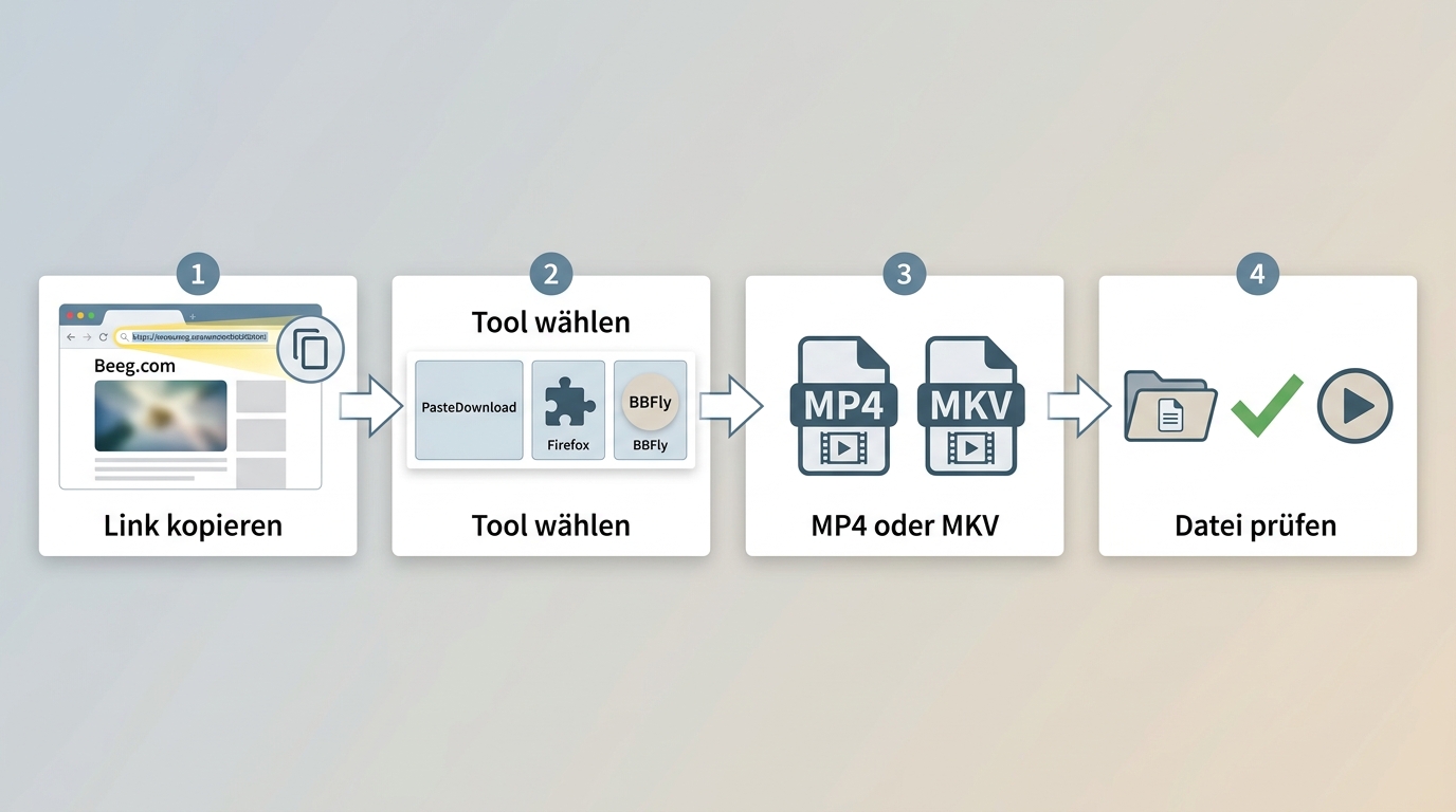 Ablauf zum Speichern eines Beeg-Videos von URL über Downloader bis zur geprüften MP4-Datei