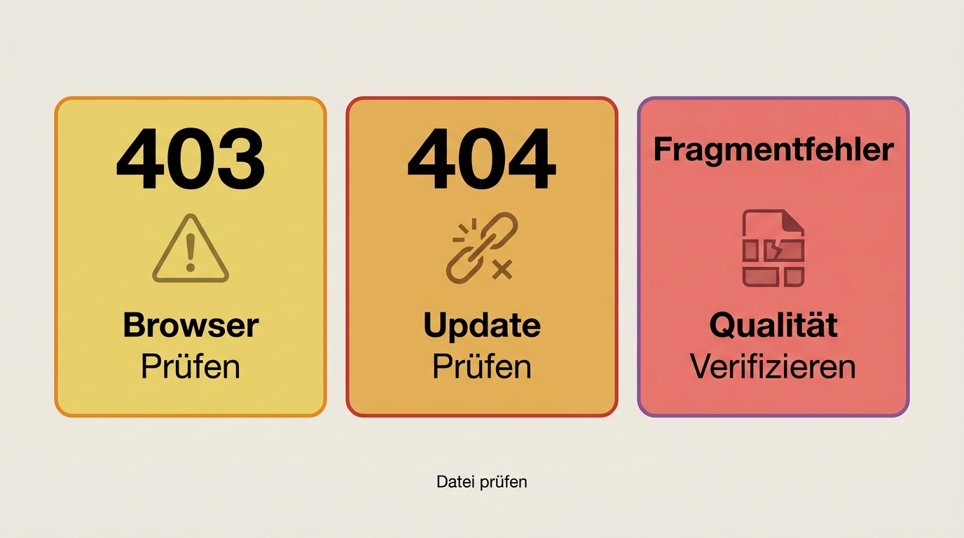 Fehlerübersicht für 403, 404 und Fragmentfehler mit den passenden Prüfschritten