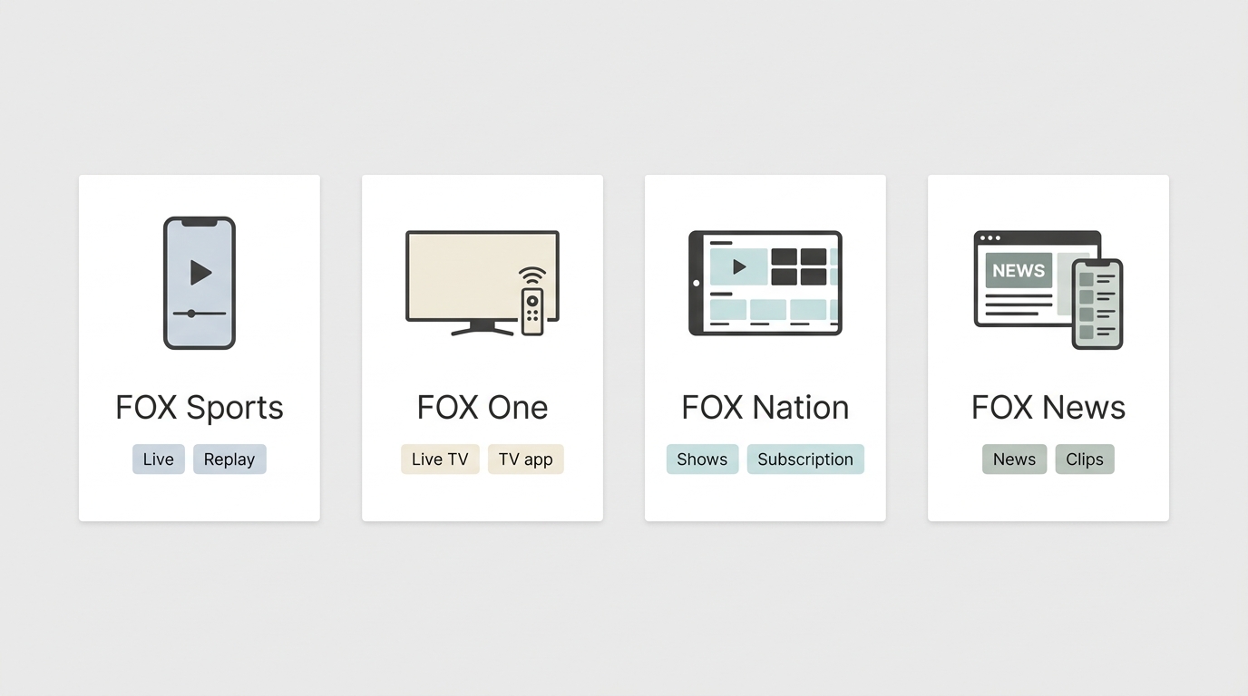 Comparison of FOX Sports, FOX One, FOX Nation, and FOX News by access path and content type