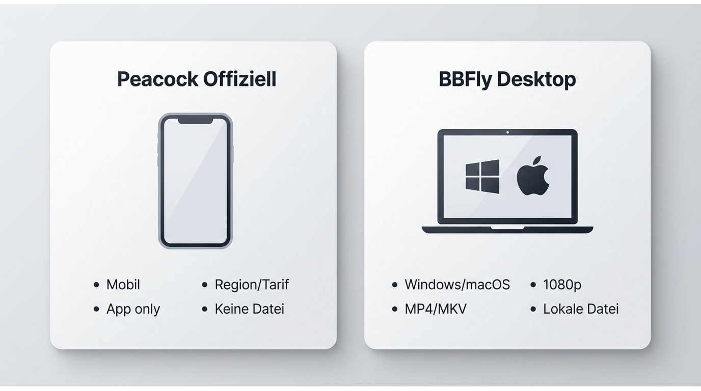 Vergleich von offiziellem Peacock-Download auf Mobilgeräten und BBFly auf Windows oder Mac.