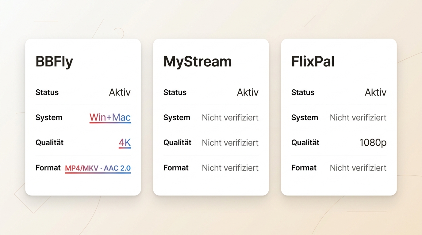 Vergleich von BBFly, MyStream und FlixPal mit Status, System und verifizierter Qualität.