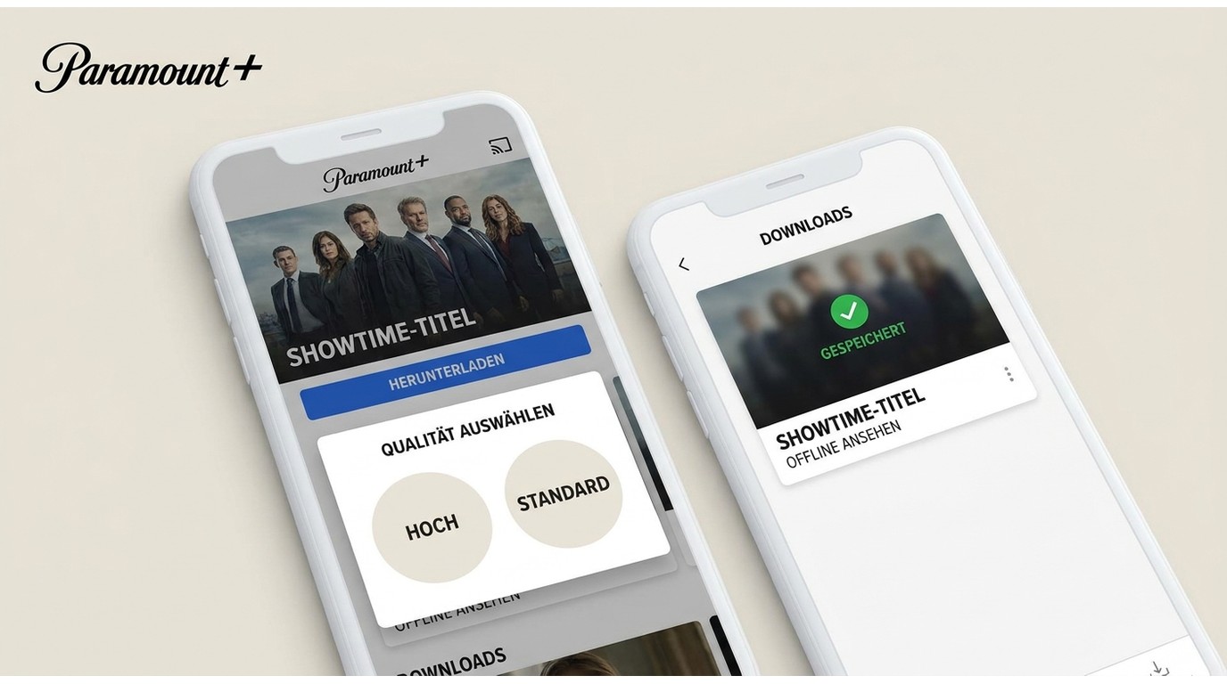 Paramount+-App mit Downloadsymbol, Qualitätswahl und gespeichertem SHOWTIME-Titel im Offline-Bereich