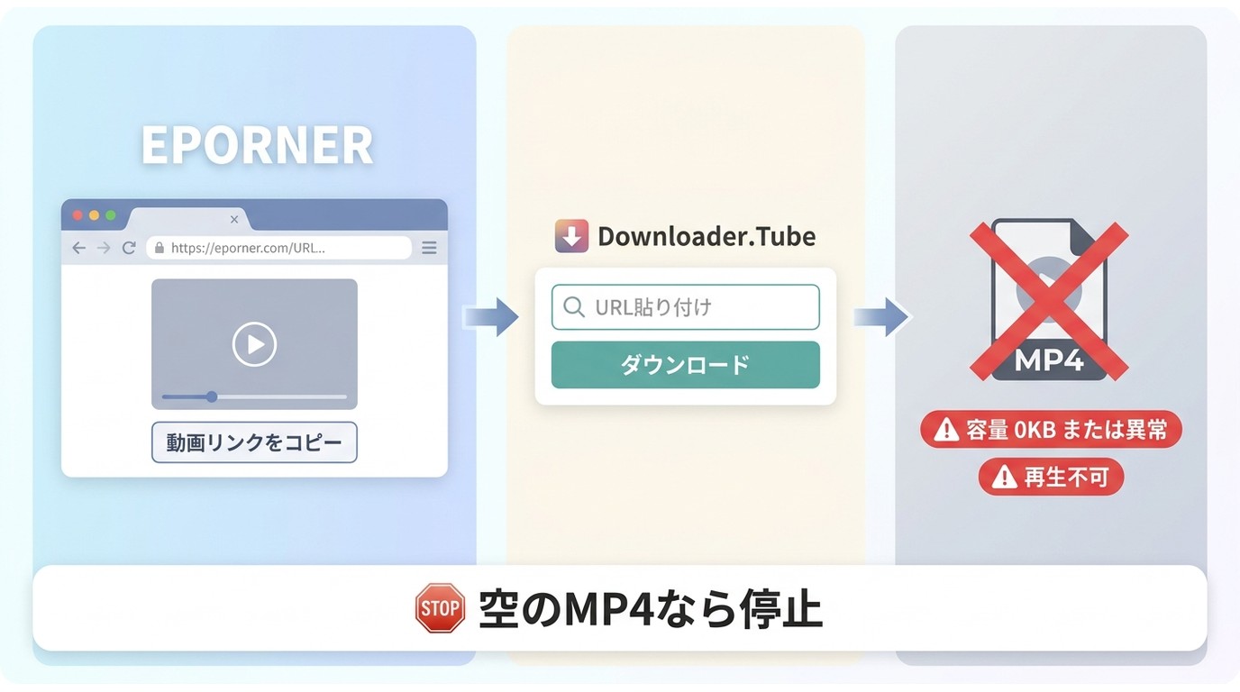 EPORNERのURLをDownloader.Tubeで試し、生成MP4の容量と再生を確認する流れ