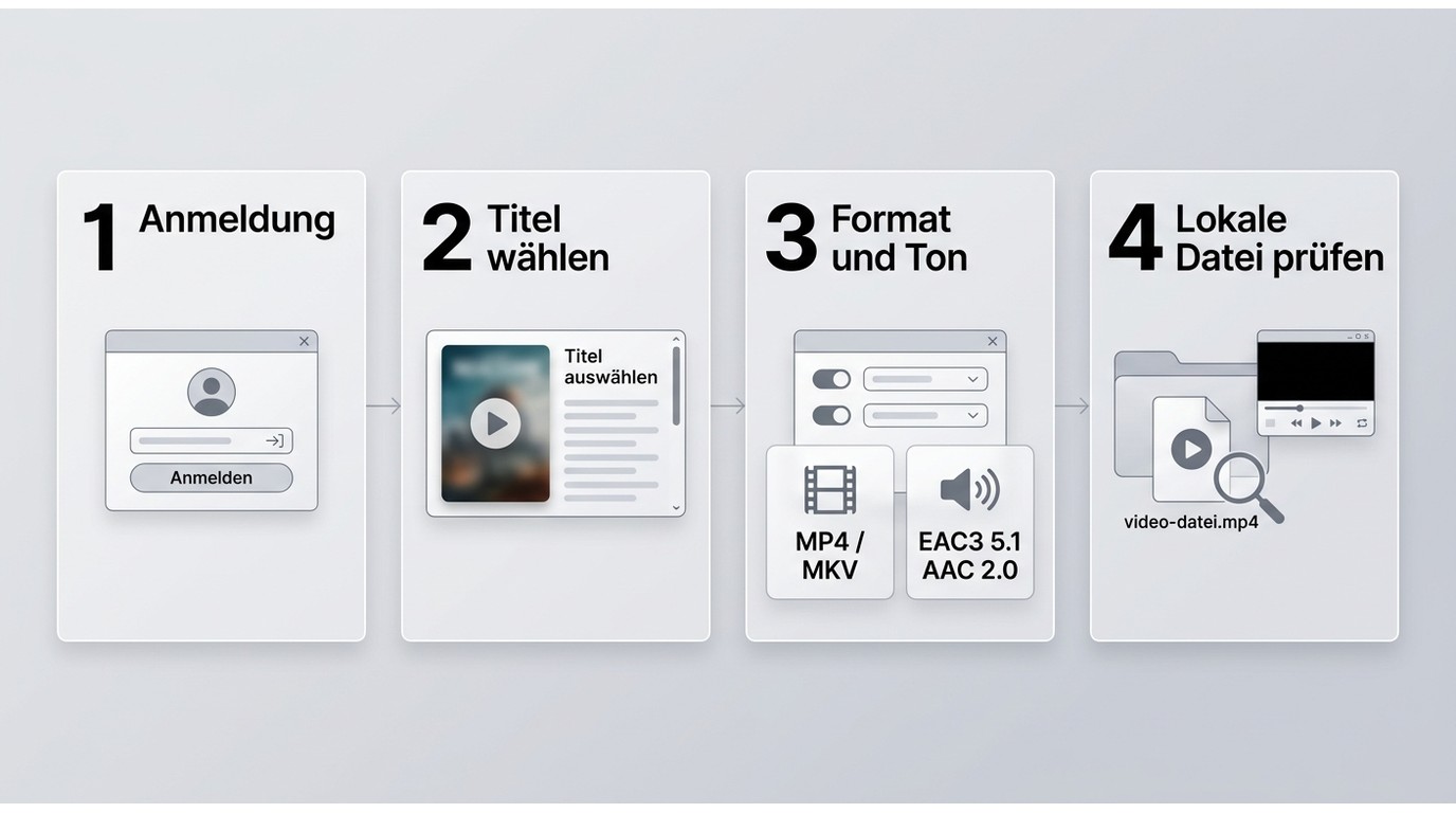BBFly-Workflow mit Anmeldung, Titelauswahl, Formateinstellungen und Prüfung der lokalen Datei.