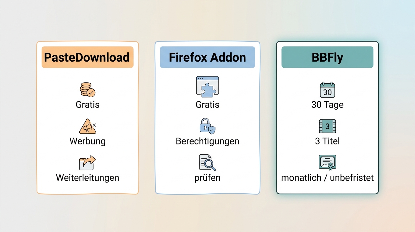 Vergleich von kostenlosem Online-Dienst, Firefox-Erweiterung und BBFly-Testmodell