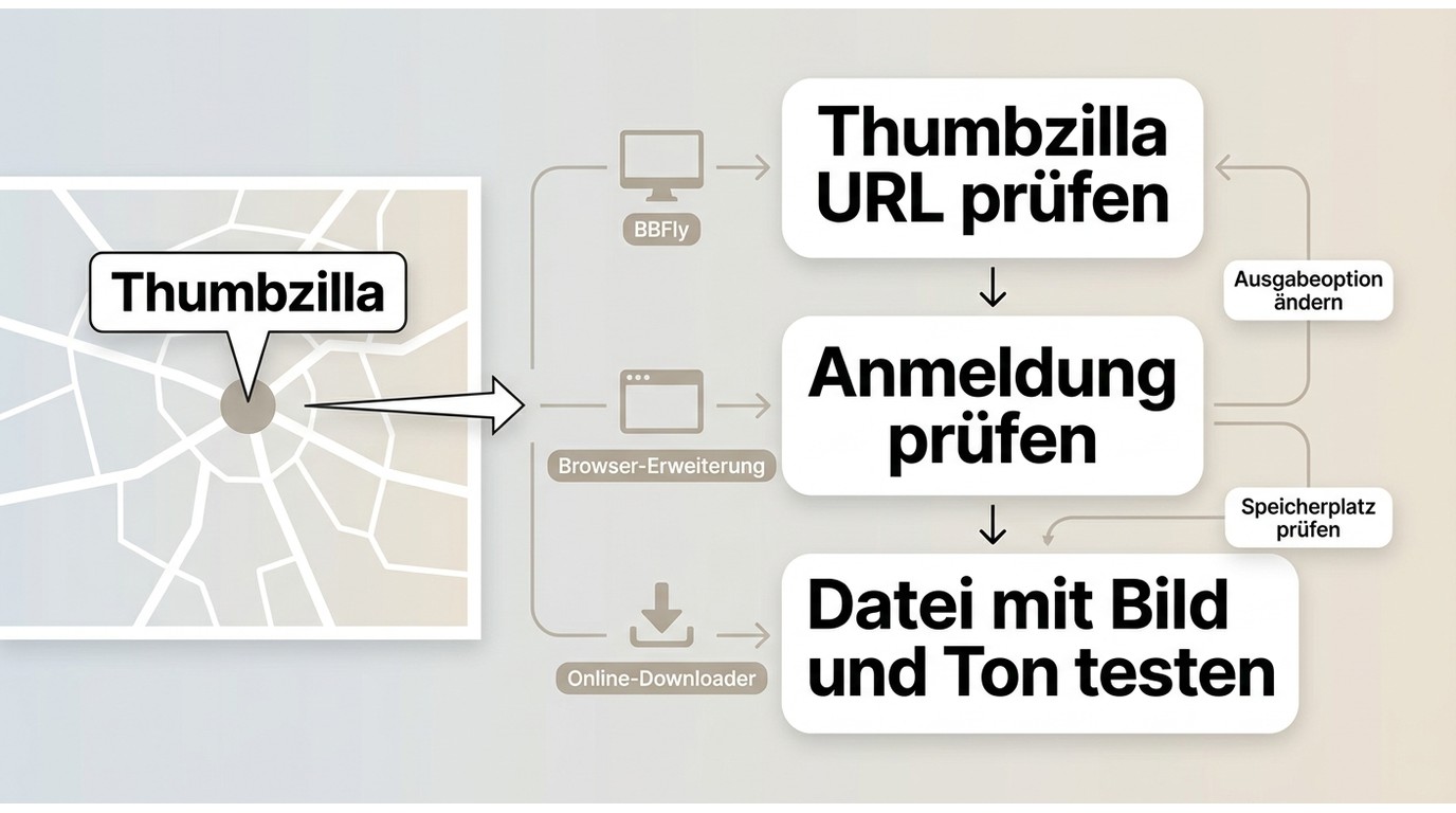Ablauf zur Fehlersuche bei fehlgeschlagenen Thumbzilla-Downloads mit Prüfungen von URL, Anmeldung un