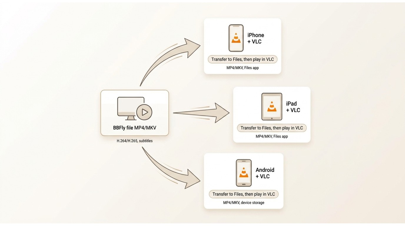 How BBFly local files move to iPhone, iPad, or Android for VLC playback