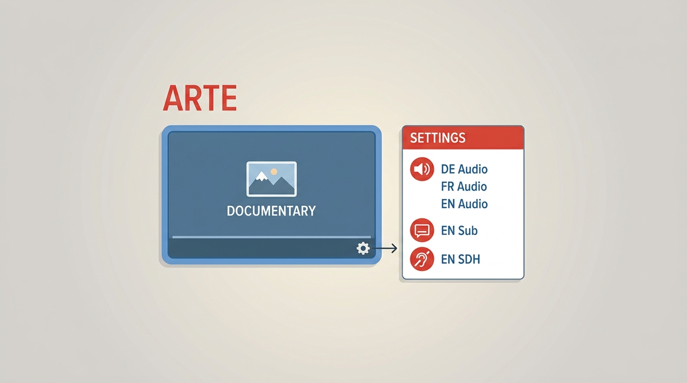 ARTE player options with multiple audio languages and standard or accessibility subtitle tracks.