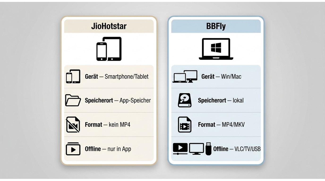 Vergleich von JioHotstar-App-Download und BBFly mit Geräten, Speicherort und MP4/MKV.