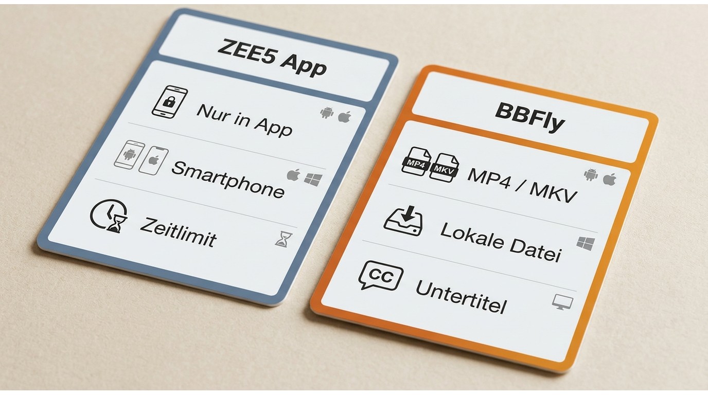 Vergleich von ZEE5-App und BBFly für Geräte, Dateizugriff und Untertitel.