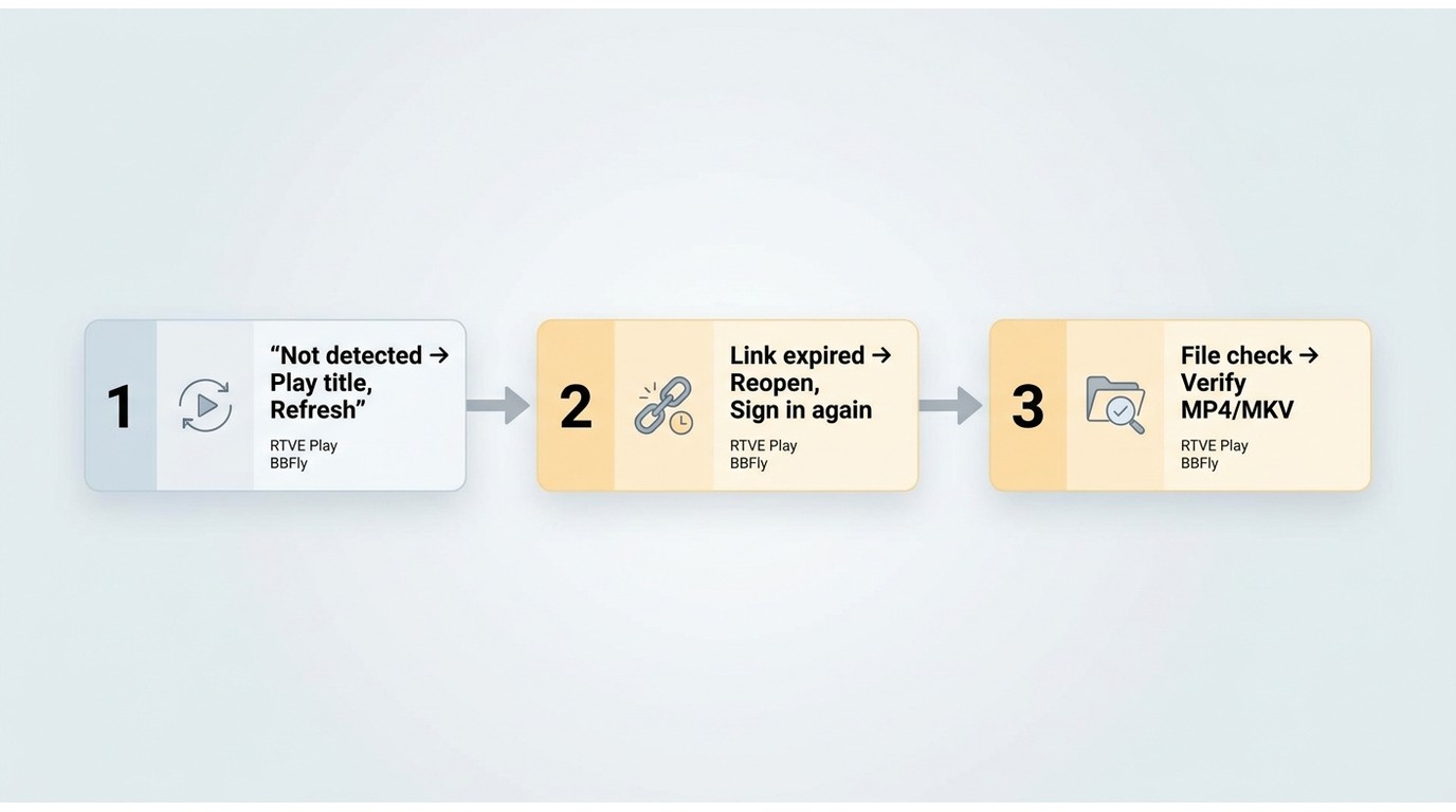 RTVE Play download troubleshooting flow for detection, expired links, and file verification