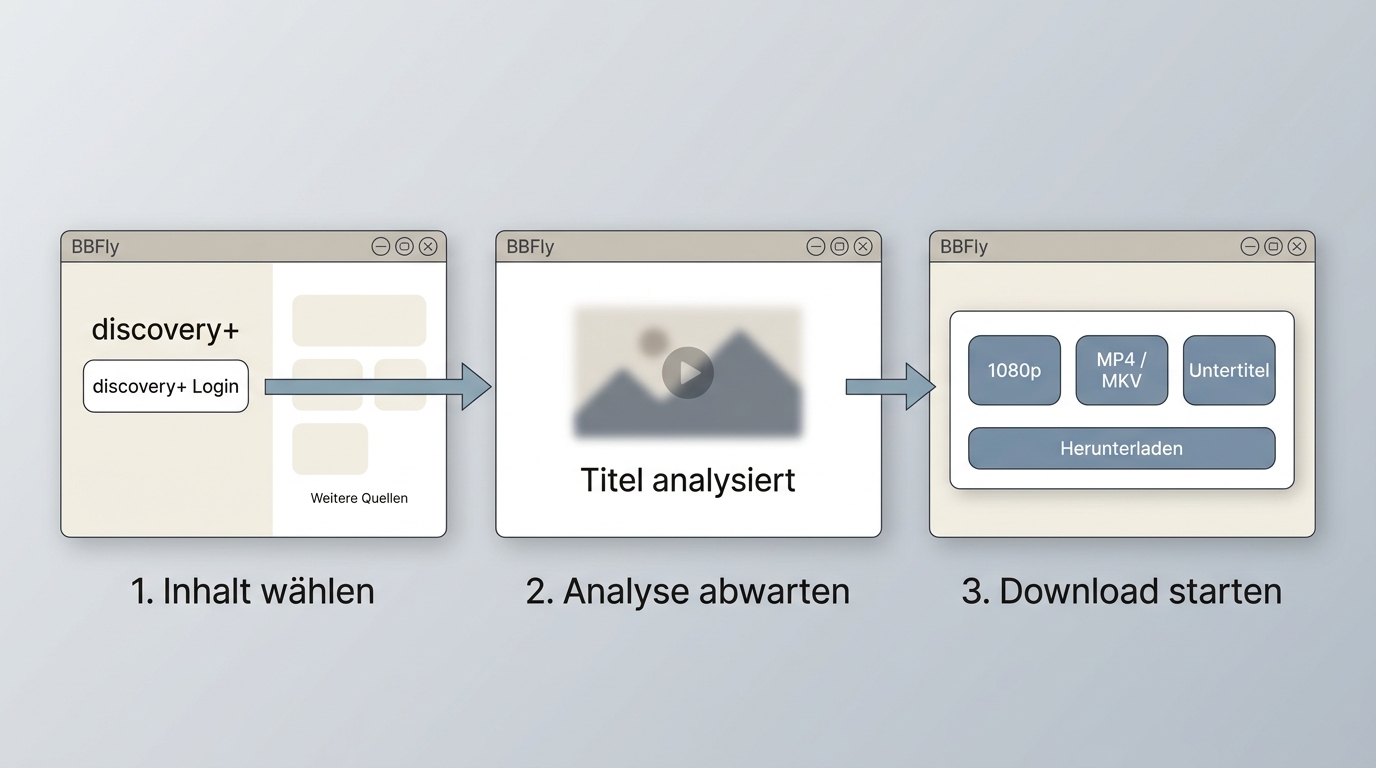 BBFly-Ablauf mit Login, Titelauswahl und Download-Optionen für Discovery+