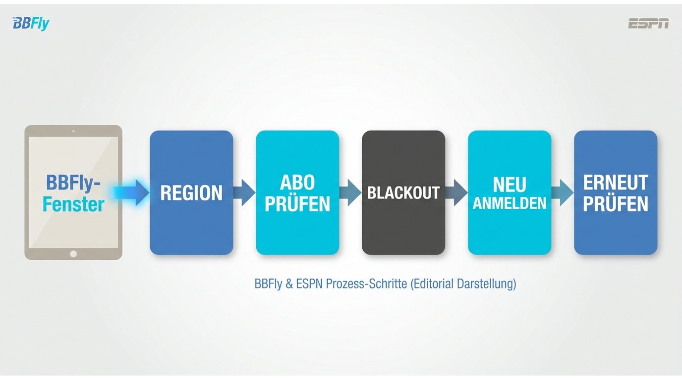 Ablauf zur Fehlersuche bei BBFly und ESPN mit Region, Berechtigung, Blackout und erneuter Analyse.