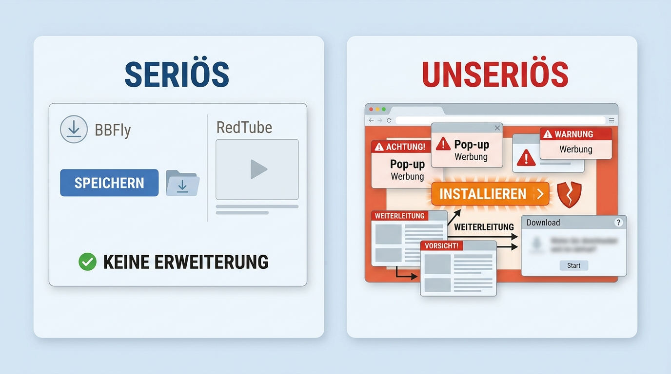Vergleich zwischen seriösem Downloader wie BBFly und dubioser Download-Seite mit Pop-ups und Erweite
