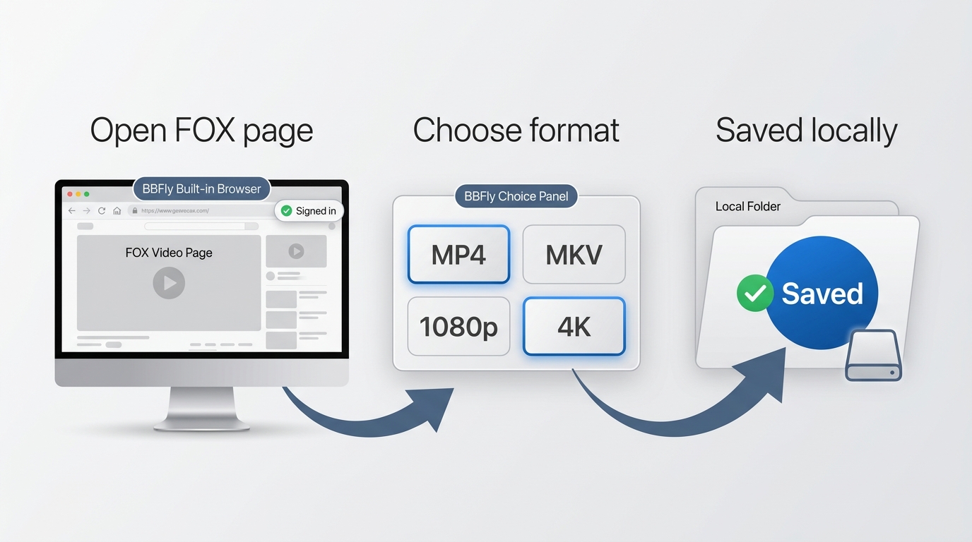 How BBFly downloads a FOX video from built-in browser to a saved local file