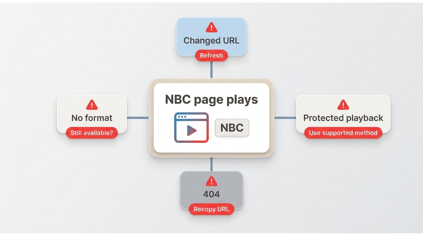 Why an NBC page can play while download attempts fail with 404 or no format