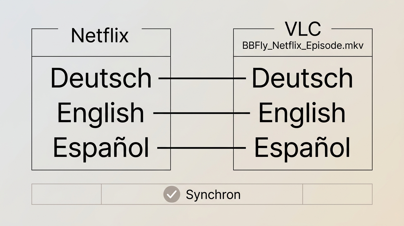 Abgleich von Netflix-Sprachen mit VLC-Untertitelspuren zur Prüfung von Vollständigkeit und Synchroni