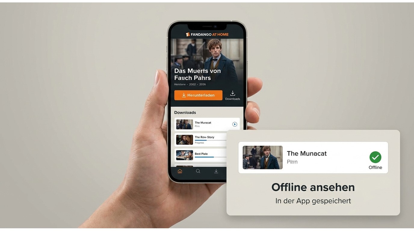 Fandango at Home auf dem Smartphone mit Downloadknopf und Bereich für offline gespeicherte Titel