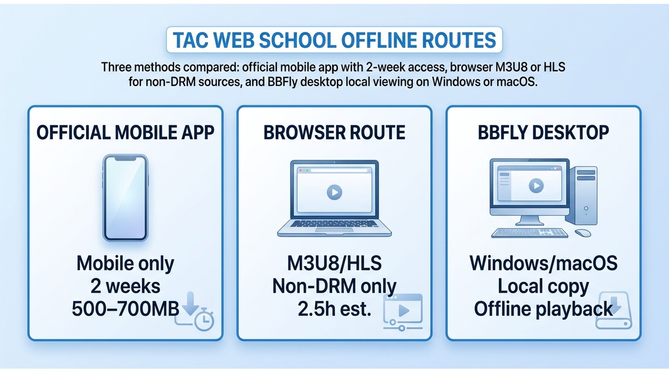 Comparison of TAC WEB SCHOOL app downloads, browser HLS options, and BBFly desktop use