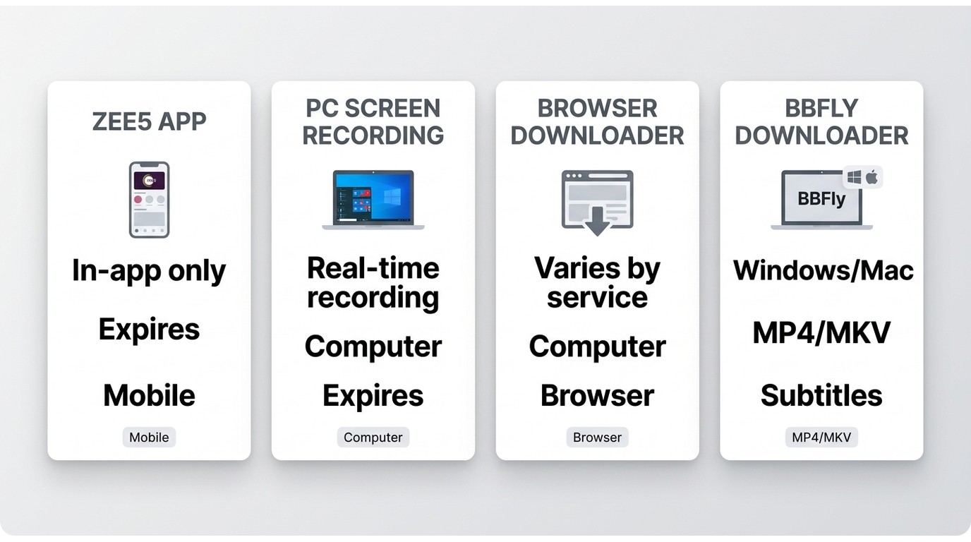 Comparison of ZEE5 app, PC recording, browser tools, and BBFly for offline viewing.