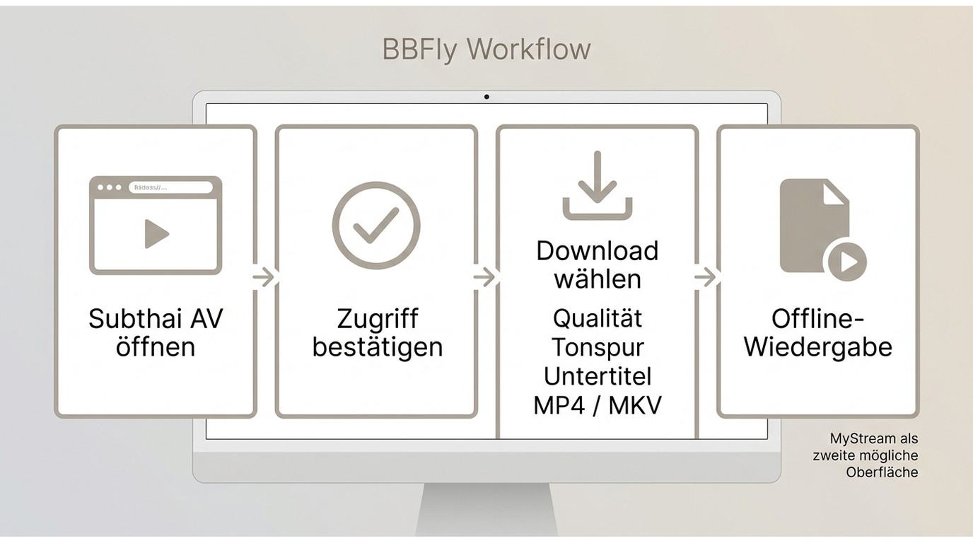 Ablauf in BBFly vom Öffnen von Subthai AV bis zur lokalen MP4- oder MKV-Datei