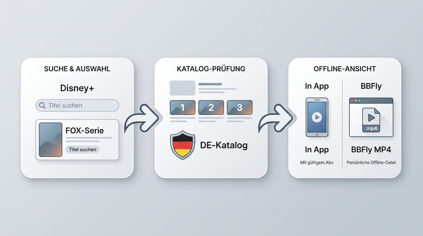 Ablauf zum Finden ehemaliger FOX-Serien über Serientitel, Katalogprüfung und Download in Disney+.