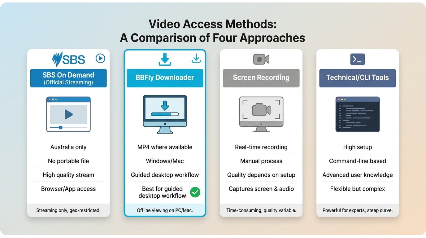 Comparison of SBS On Demand, BBFly, screen recording, and CLI tools for offline viewing