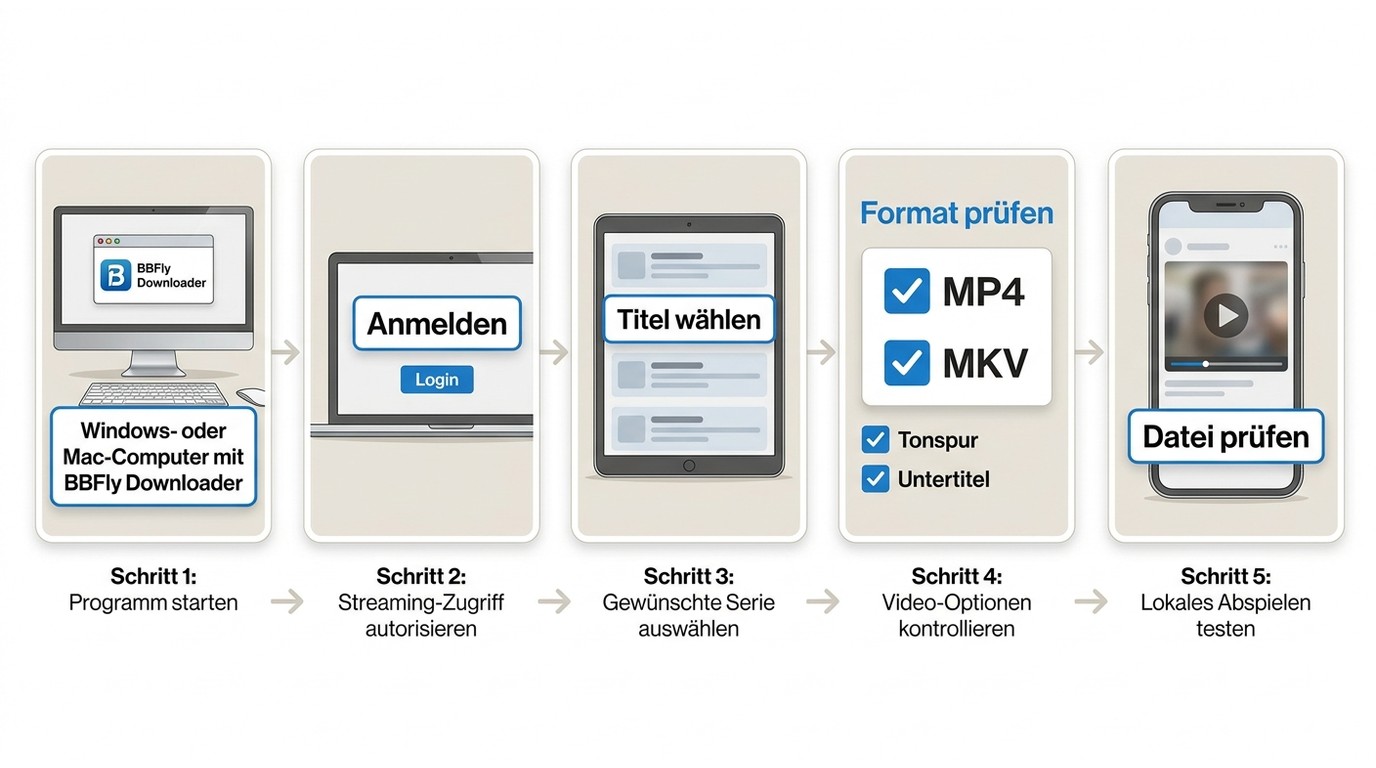 BBFly-Schritte von Anmeldung und Titelauswahl bis zur lokalen MP4- oder MKV-Prüfung.