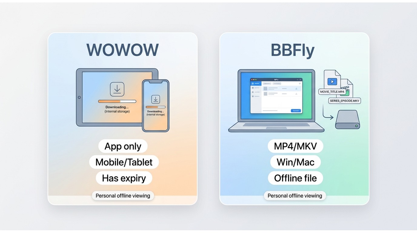 Comparison of WOWOW official app downloads and BBFly desktop offline files