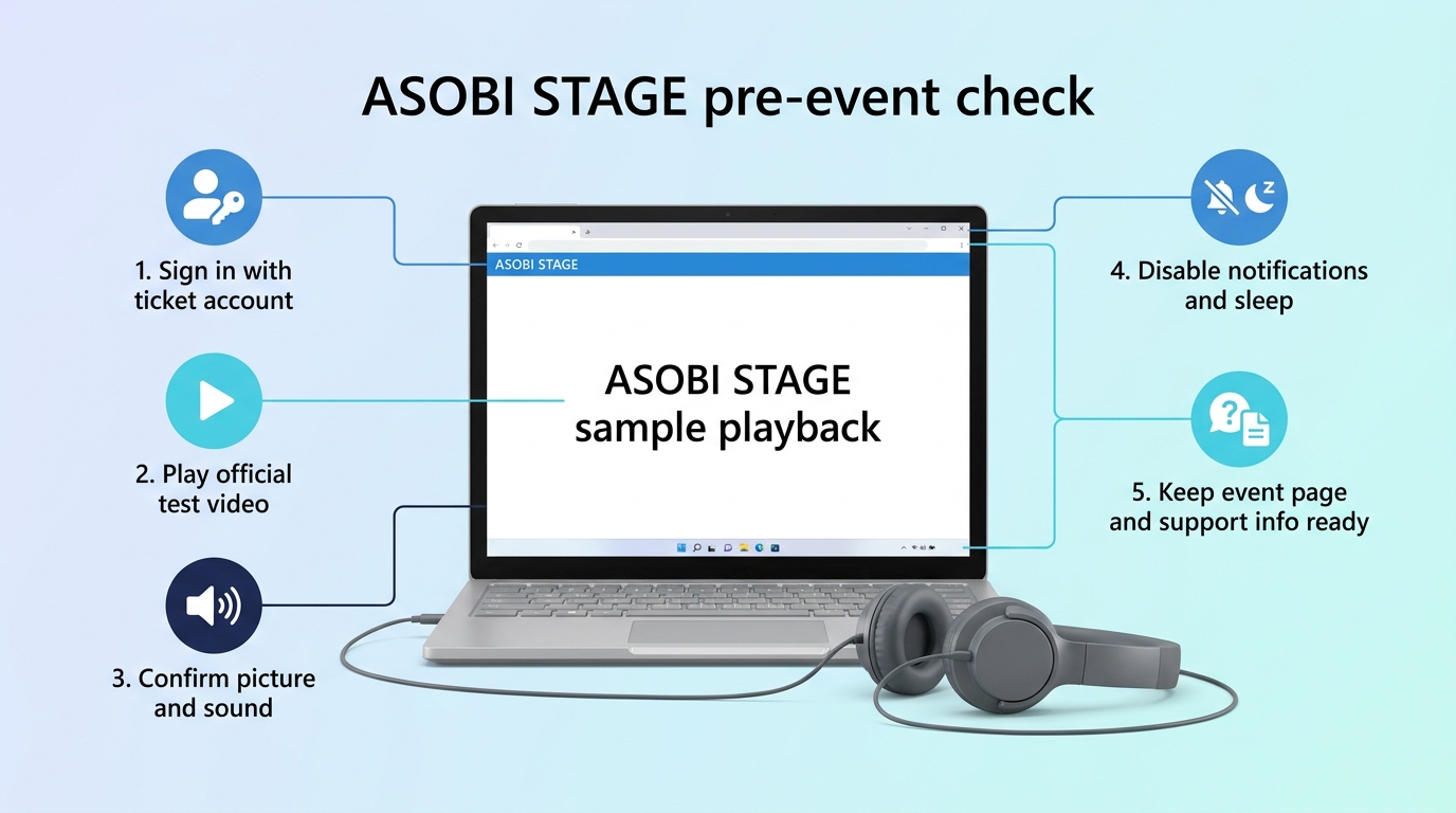 ASOBISTAGE pre-event check from sign-in to sample playback, audio check, and interruption prevention