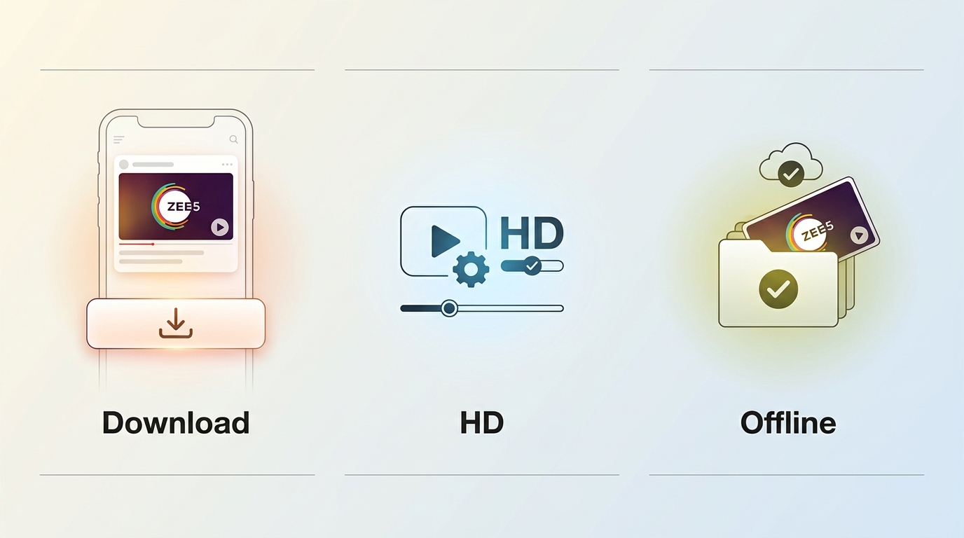 ZEE5 app steps for downloading a title and finding it in Offline or Downloads.