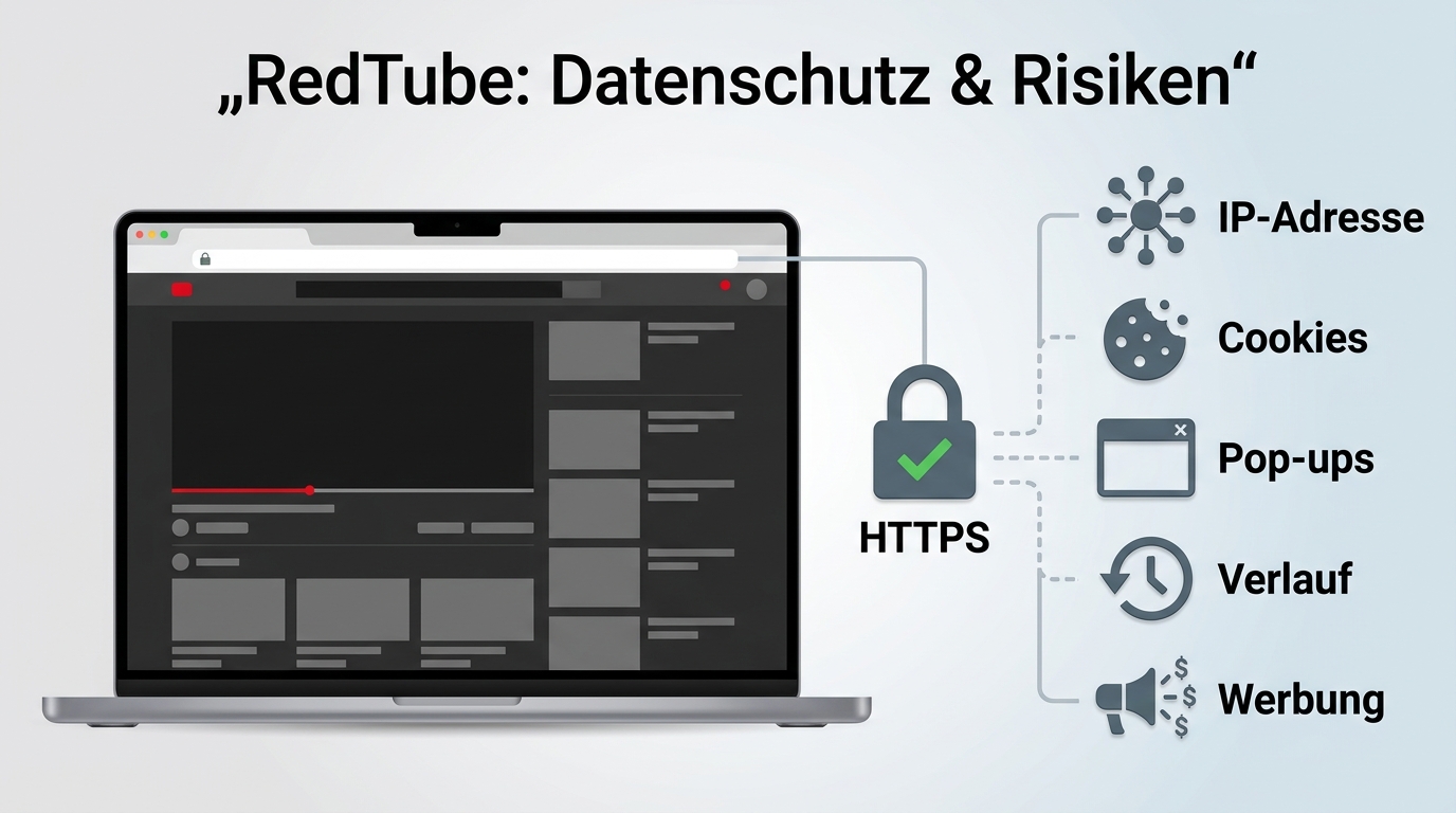 Übersicht zu RedTube-Risiken wie IP-Adresse, Cookies, Pop-ups und Browserverlauf trotz HTTPS.