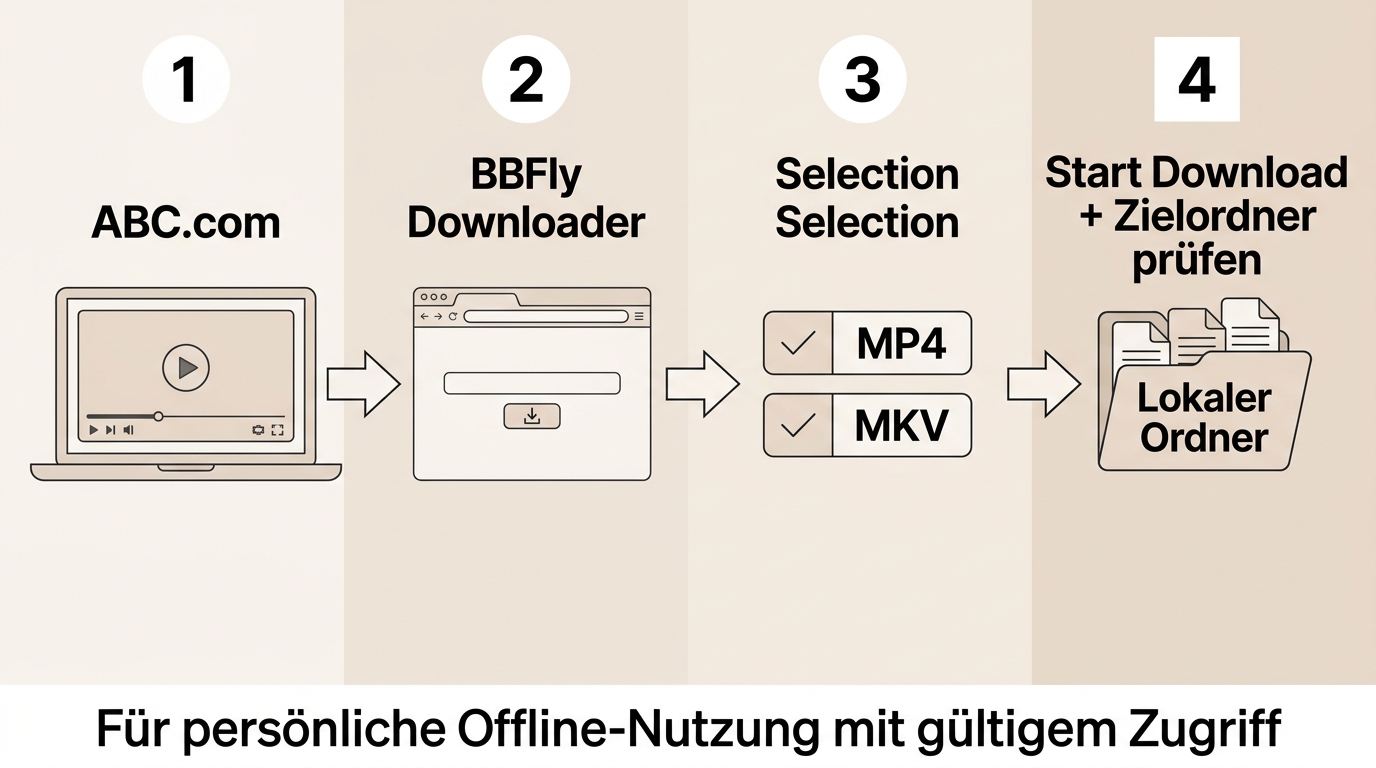 Ablauf mit BBFly von ABC.com-Wiedergabe bis zur lokalen MP4- oder MKV-Datei.