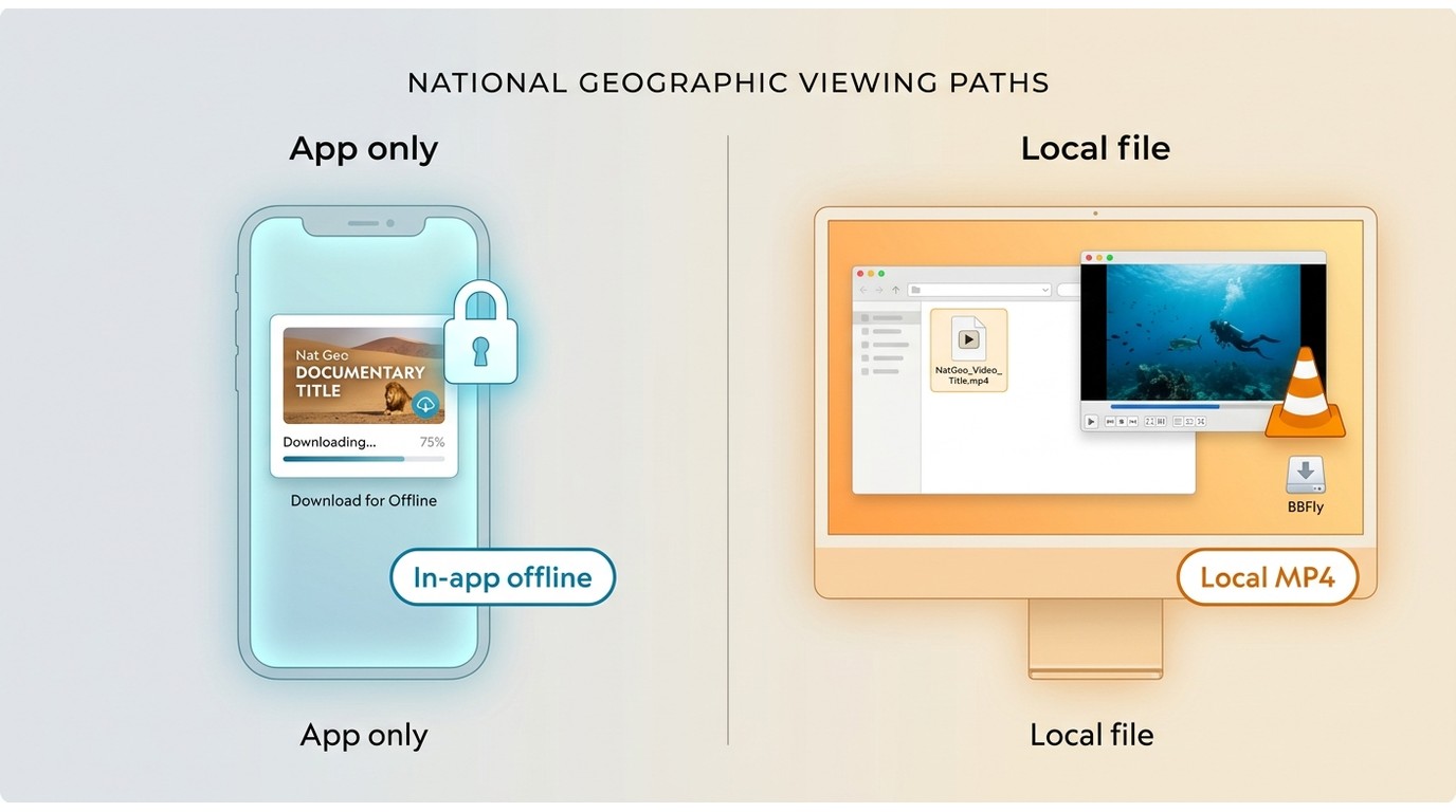 Comparison of National Geographic app offline viewing and a local MP4 file on desktop.