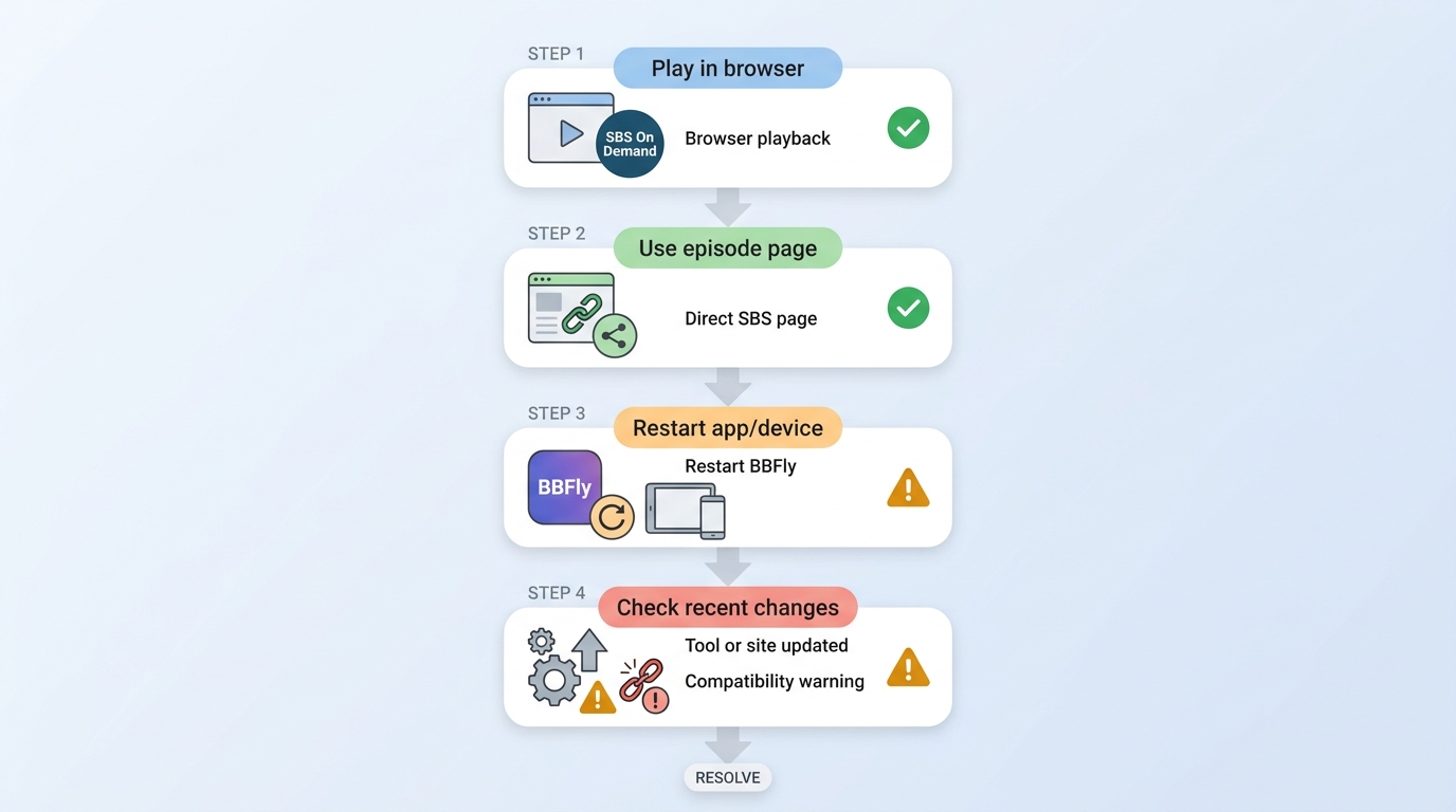 SBS and BBFly troubleshooting steps from browser playback to direct link and app restart