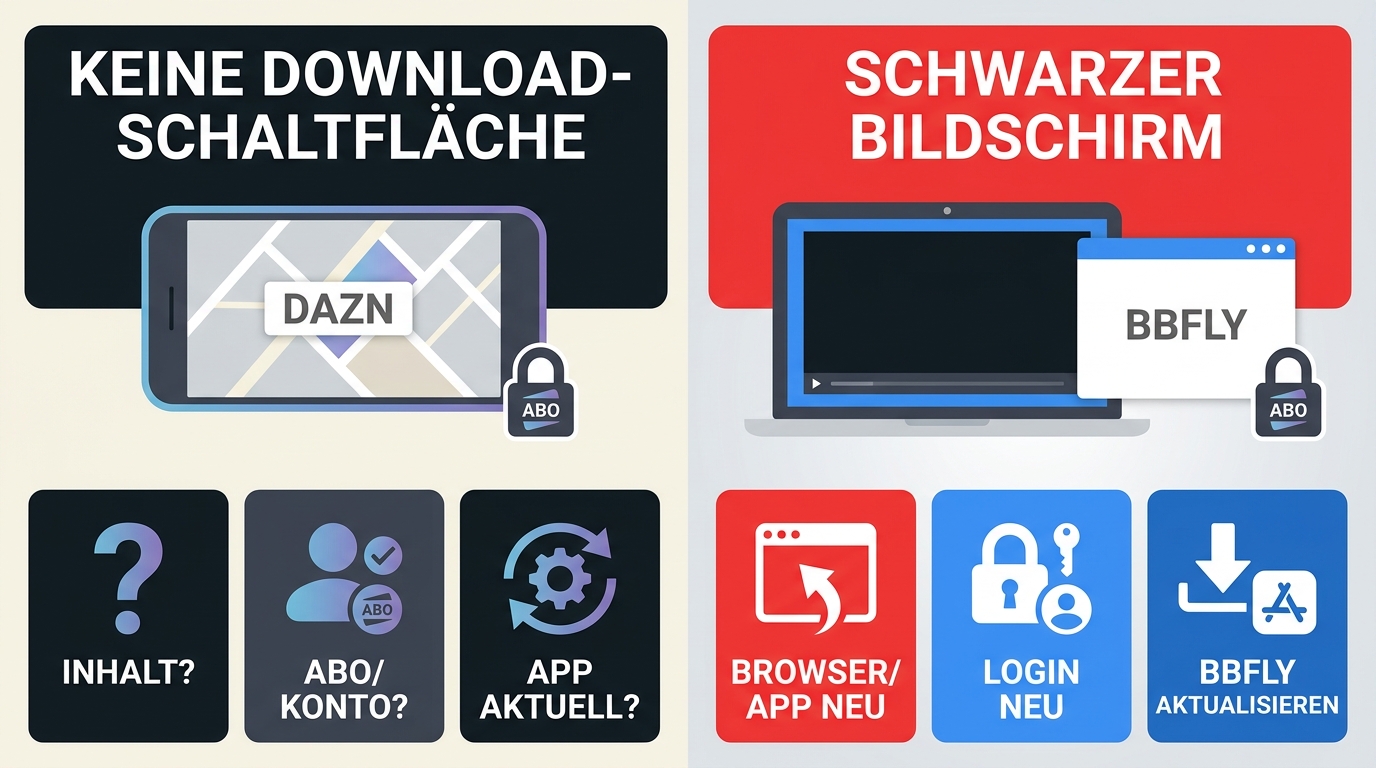 Fehlersuche für DAZN-Downloads mit Ursachen für fehlende Schaltfläche und Analysefehler.