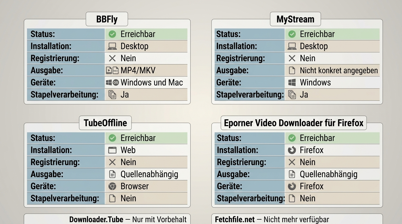 Vergleich von BBFly, MyStream, TubeOffline und Firefox-Erweiterung mit Status, Installation und Ausg
