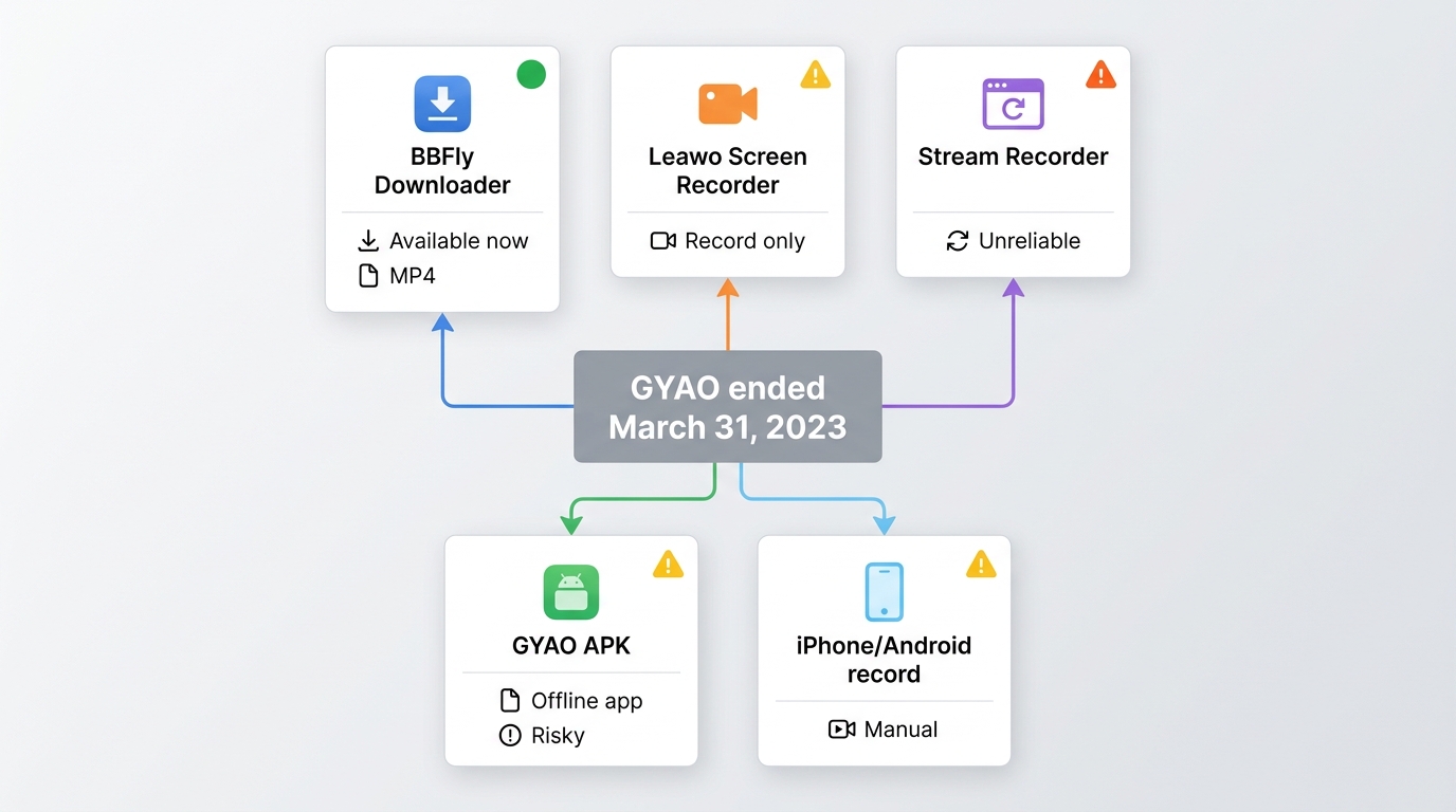 Comparison of BBFly, Leawo, Stream Recorder, APK, and phone methods after GYAO ended in March 2023