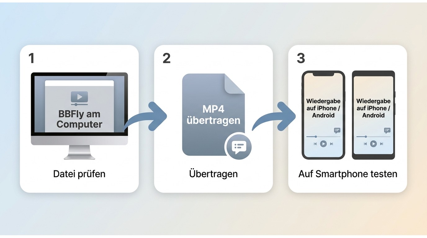 Ablauf von einer geprüften BBFly-Datei bis zur Wiedergabe auf iPhone oder Android.