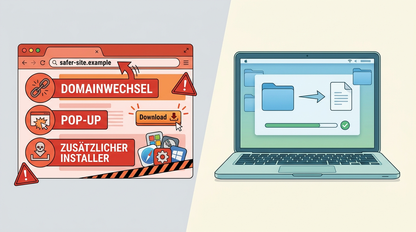 Warnzeichen bei Online-Downloadern wie Domainwechsel, Pop-ups und zusätzliche Installer.