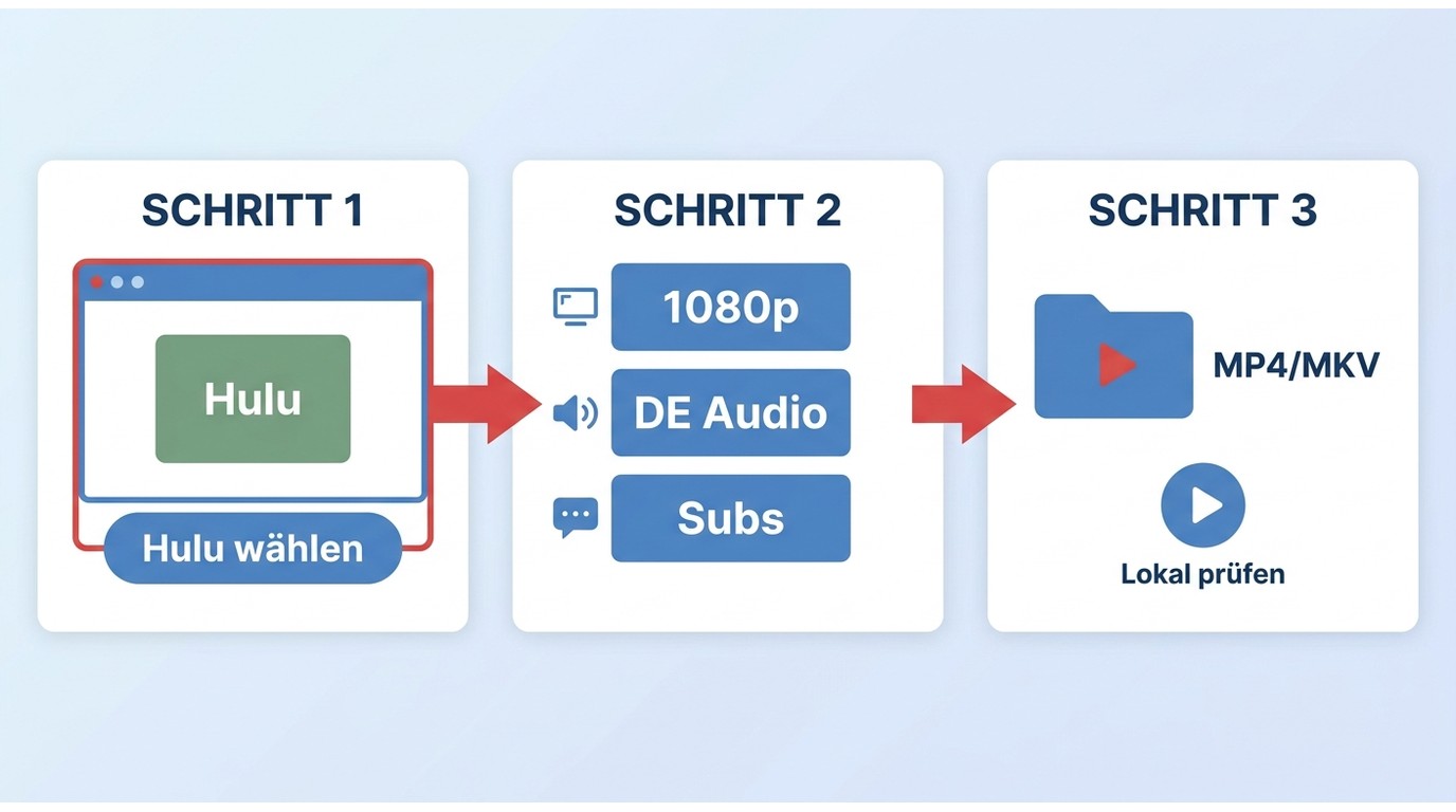 Ablauf mit BBFly: Hulu-Titel wählen, Qualität und Spuren festlegen, Datei prüfen