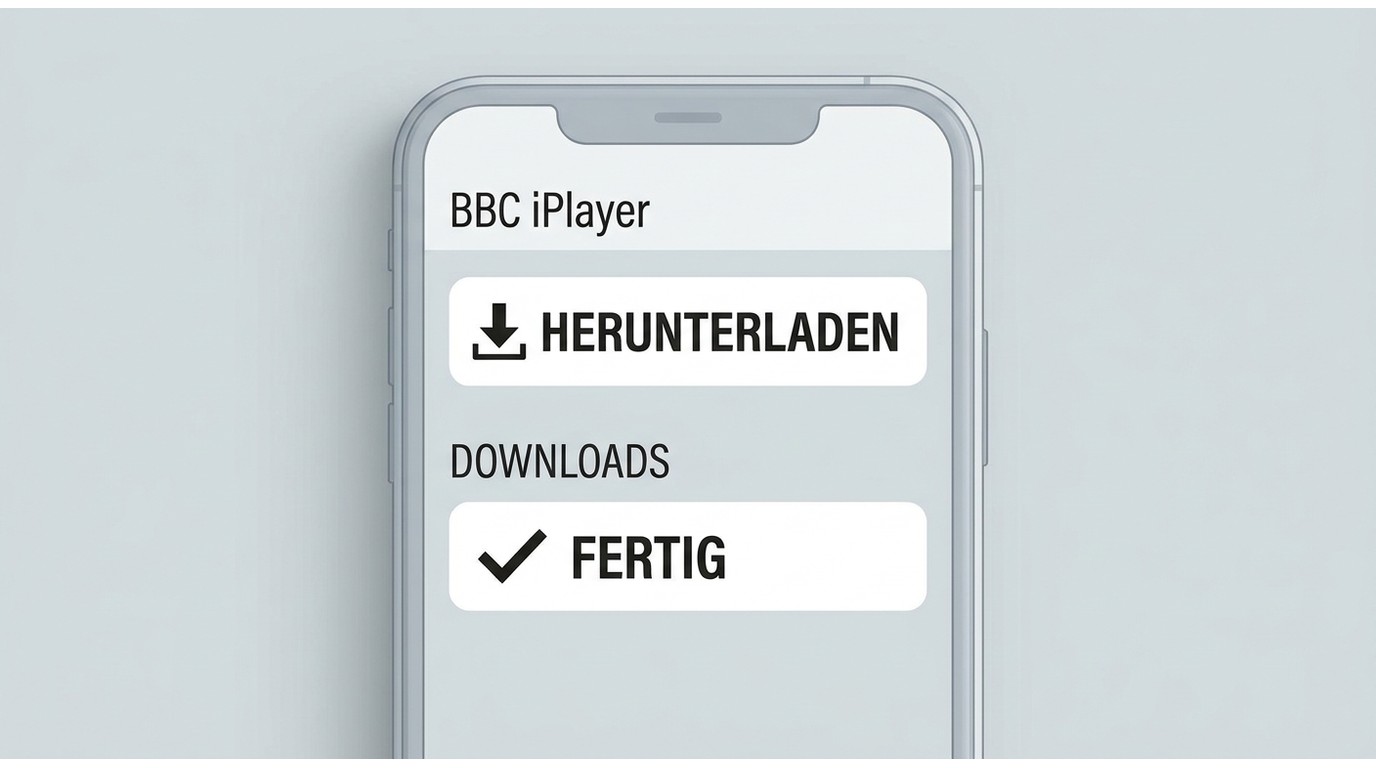 BBC iPlayer-App auf dem Smartphone mit Download-Schaltfläche und gespeicherter Sendung im Download-B