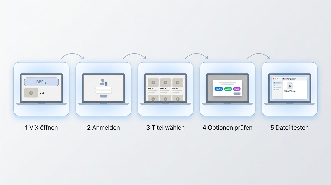 Ablauf zum Speichern von ViX-Videos mit BBFly von Anmeldung bis Dateiprüfung