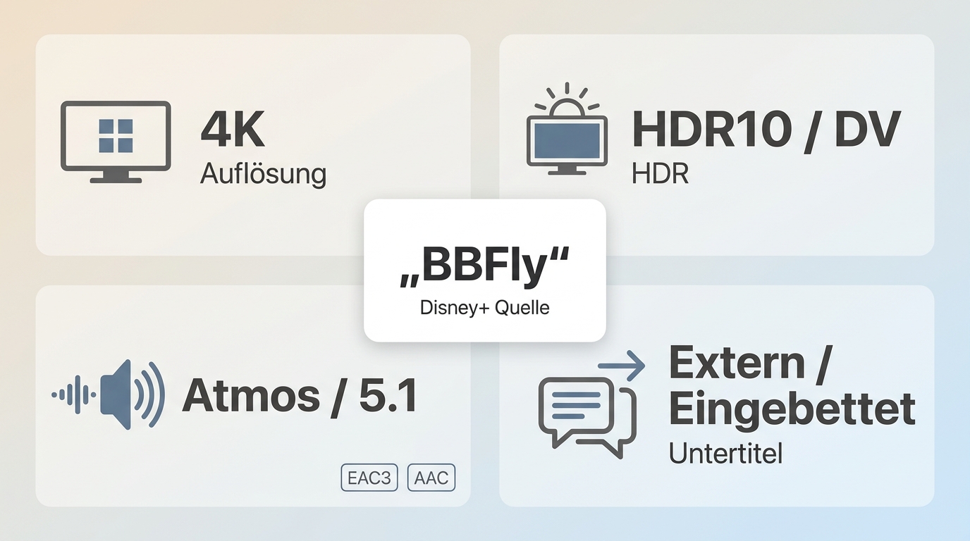BBFly-Funktionen für Disney+ mit 4K, HDR, Audioformaten und Untertiteloptionen.
