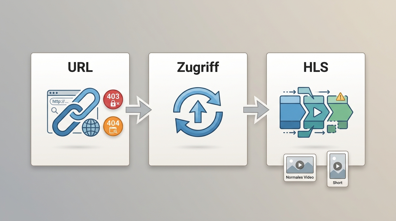 Ablauf zu 403-, 404- und HLS-Problemen bei normalen Videos und Shorts.