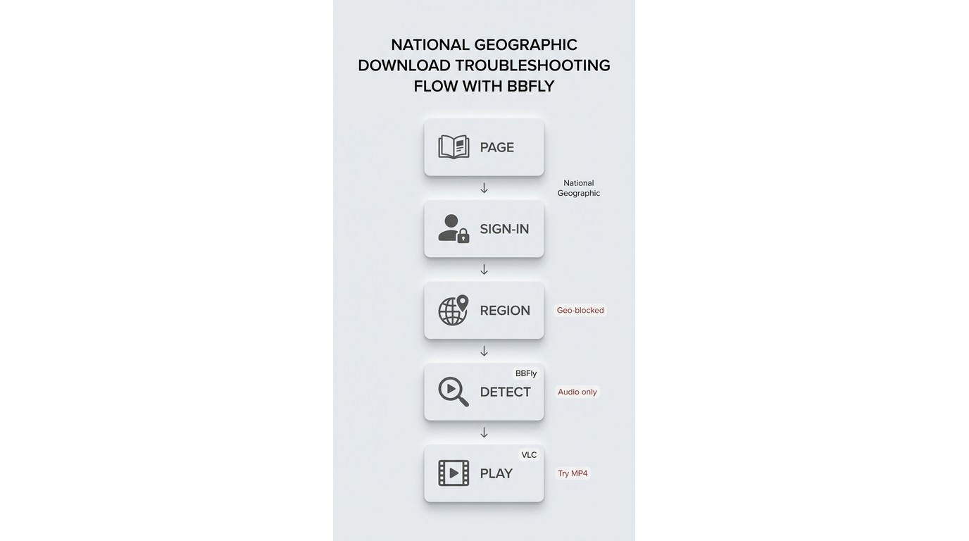 Troubleshooting path for National Geographic downloads covering access, region, detection, and playb